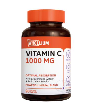 Whollium Vitamin C Tablets 1000 mg with Citrus Bioflavonoids Rose Hips Echinacea & Turmeric High Potency Antioxidant Immune Support Non-GMO Once Daily 90 Tabs