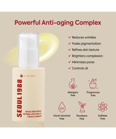 K-SECRET SEOUL 1988 Retinal Serum: Retinol Serum for Face Anti Aging Wrinkle Care - 2% Retinal Liposome Black Ginseng Niacinamide Bakuchiol Vitamin C & 3 Peptides - Korean Skincare 30mL 2Pcs - Buy Online on GoSupps.com