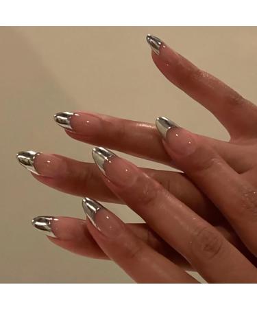 Silver French Tip Press on Nails Medium Almond Fake Nails Glossy Full Cover Stick on Nails Acrylic Reusable Artificial False Nails Glue on Nails for Women Girls Nail Decorations 24Pcs