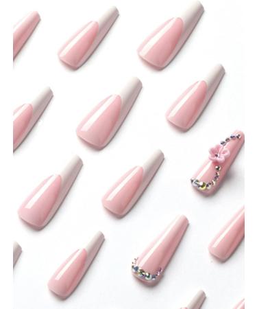 24pcs Pink Flowers Coffin Fake Nail Rhinestone 3D Flower Press on Nails Trendy Flowers Coffin Nails Luxurious Nails Acrylic Nails Fake Nails For Women Girls - Buy Online on GoSupps.com