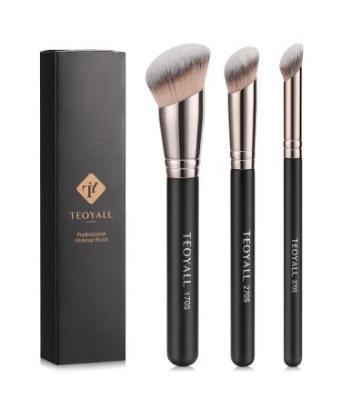 TEOYALL Foundation Contour Conceal Brush Set 3PCS Angled Synthetic Kabuki Brush for Blending Setting Buffing with Liquid Cream and Powder Cosmetic (170S/270S/370S)