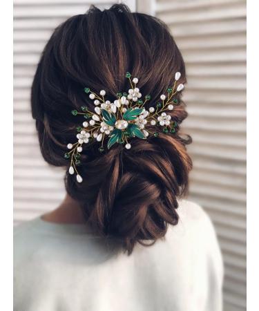 IYOU Pearl Bridal Hair Comb Green Crystal Wedding Side Combs Leaf Headpiece Prom Guest Bride Hair Accessories for Women - Buy Online on GoSupps.com