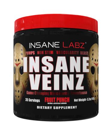 Insane Labz Insane Veinz Non Stimulant NO Enhancing Powder, Nitric Oxide Booster, Loaded with Agmatine Sulfate and Betaine Anhydrous, Increase Vascularity, 35 Srvgs, Fruit Punch