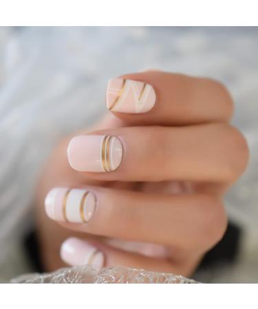 Nude Gold Line Medium Square Glossy False Nails - 24pcs | International Shipping Available - Buy Online on GoSupps.com