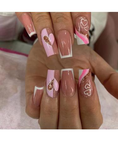 Justotry 24 pieces Coffin Heart N gel Land white French artificial nails Ballerina Art Nail Press on Nails Trendy Swirl fingernails Fake Nails for Women Heart & White