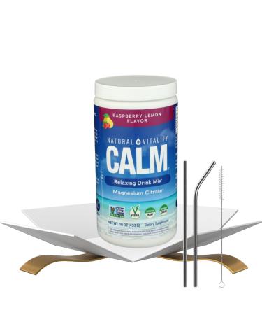 Natural Vitality Calm Magnesium Powder Vitamin Calm Raspberry Lemon (16oz) Bundle with Straw for Relaxing Magnesium Drink and Daily Hydration Support Gift Set (2 Items)