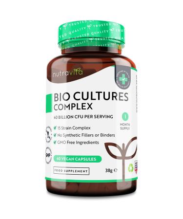 Super Strength 40 Billion CFU Bio Cultures Complex with 15 Live Strains Advanced Multi Strain Formula Vegan Capsules Digestive Enzyme Supplement for Men & Women Made by Nutravita