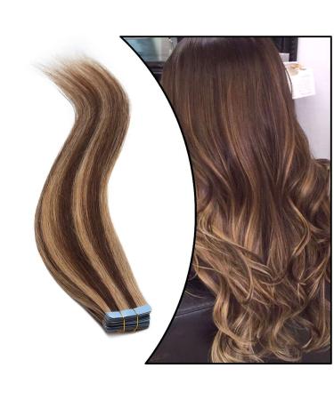 Elailite 20PCs Tape Extensions Invisible Extensions Real Hair Tape Tape in Extensions Real Hair Glatt Remy Real Human Hair 40cm 50g #4/27 Mittelbraun & Dark Blonde