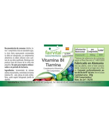 Fairvital | Vitamin B1 100mg - Thiamine - VEGAN - High Dose - 100 Tablets - German Quality - Buy Online on GoSupps.com