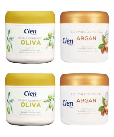 Pack 4 - Cien - 2 x Oliva Hidratante Corporal Crema 250 ml + 2 x Argan Corporal Crema 250 ml. Suavidad para tu piel. Pack 4