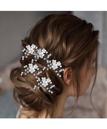 Jeweky Wedding Bride Flowers Hair Pins Bridal Hair Pieces Silver Rhinestone Headpiece Hair Accessories Jewelry for Women and Girls (Pack of 5) A-Silver