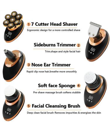 Buy 5 in 1 7D Rechargeable Head Shaver for Men - Golden Electric Razor Kit with USB & LED Display for Beard Ear Nose Hair Trimming - International Shipping Available - Buy Online on GoSupps.com