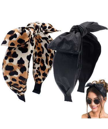 BEGOOD Bow Headbands for Women  PU Headbands Leopard Print Wide Headbands Fashionable Leather Headbands Hair Hoop Designer Headbands Turban Hair Accessories for Girls 2Pcs PU and Leopard Print