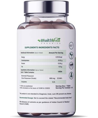 Verem Health Veda Organics Potassium Citrate 800mg - 60 Veg Tablets for Nerve, Muscle, Joint, & Bone Health | Manage Electrolytes | Men & Women - Buy Online on GoSupps.com