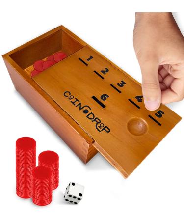 SWOOC Games - Coin Drop | Simple + Strategic Dice Games For Families with Coins Included For 2-6 Players | Works With Pennies Too | Get Rid Of Coins To Win | Board Games For Kids | Penny Game Wood Box