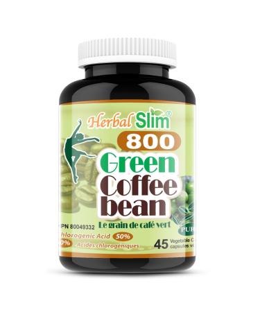 Herbal Slim Green Coffee Bean Extract 800mg 50% Chlorogenic Acid Non-GMO Vegan Free of Gluten Soy & Dairy (45 Capsules)
