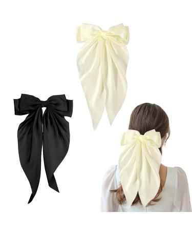 Bow Hair Clip 2 Pcs Hair Bows for Women Bow Clips with Long Silky Satin Hair Slides Solid Color Bowknot Hairpin Hair Barrettes Scrunchies Accessories(Black Creamy-white) Black+White
