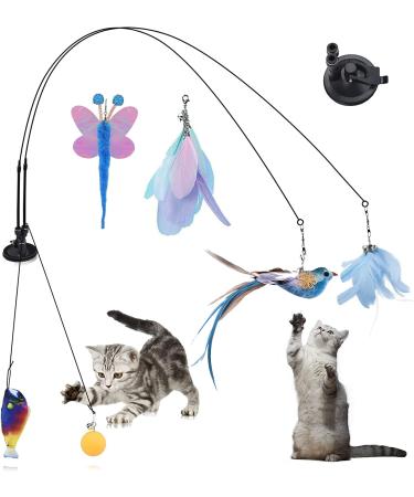 Jetczo Cat Feather Toys, Interactive Cat Toy with Super Suction Cup Detachable 6 PCS Feather Replacements with Bell, 2 Wand Cat Spring Feather Toys for Indoor Cats Kitten Play Chase Exercise
