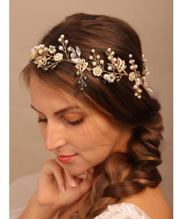 Chargances Handmade Green Rhinestone Headband Floral Gold Leaf Hair Vine Wedding Crystal Long Hair Piece Tiara Bridal Hair Accessories for Women and Girls - Buy Online on GoSupps.com