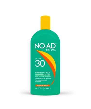 NO-AD SPF 30 Sunscreen Lotion | Broad Spectrum UVA/UVB Protection | Water Resistant | Octinoxate & Oxybenzone Free with moisturizing Vitamin E and Aloe 16oz | Pack of 2