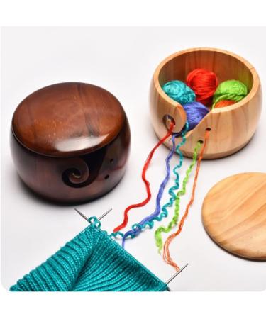Handmade Dark Wood Yarn Bowl with Lid - Yarn Ball Holder for Knitting and Crochet - 12 Crochet Hooks Included - Buy Online on GoSupps.com