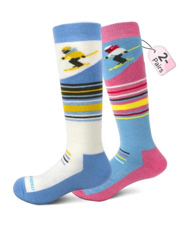 Findway 2 couple merino socks children winter snowboarding breathable thermosocks with about the calf design/anti-slip cuffs for girls/boys for outdoor sports 30-36 A4-white & pink (2 couples)