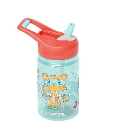 EcoVessel SPLASH Tritan Plastic Kids Water Bottle with Straw  Leak Proof Flip Top Lid  and Carry Handle Kids Cups Sports Water Bottle 12 oz (Science Cat)