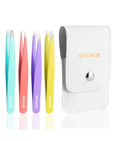 SUCOOR Tweezers Set - 4Pcs Professional Stainless Steel Tweezers  Best Precision Tweezers Set for Shaping Eyebrows  Great Beauty Tools for Facial Hair  Ingrown Hair  Blackhead Removal.(Multi-color)