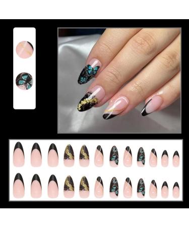 JUSTOTRY 24 Pcs Black Glitter Butterfly Almond Short False Nails with Nail Glue - Oval Medium Stick on Nails for Women - Buy Online on GoSupps.com