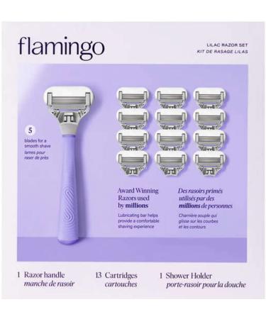 Flamingo Women's 5 Blade Razor: Lilac Razor Handle with Shower Holder + 2 Razor Blade Refills  3 Piece Set