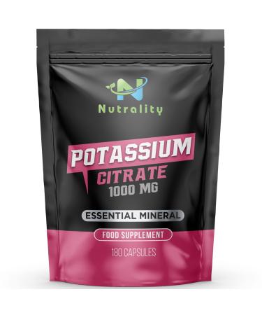 Nutrality Potassium Citrate 1000mg - 180 Capsules High Strength Potassium Supplement 90-Day Supply - Nervous System Muscle Contraction Keto-Friendly - Made in Europe