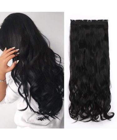 Clip In Hair Extensions 17in Curly Hairpiece One Piece 5 Clips Hair Pieces Wavy Synthetic - Jet Black 3/4 Full Head
