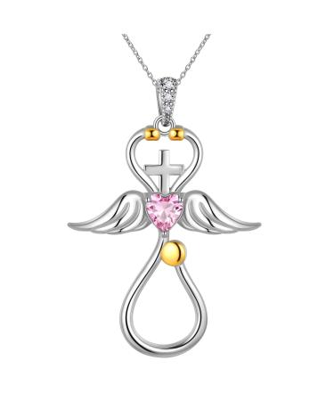 Cute Cat Necklace with Sparkling Zirconia Crystal Birthstone Pendant Necklace for Girls Womens White Gold Over 925 Sterling Silver Animal Necklace Birthstone Jewelry Sweet Present Girlfriend Sisters G Pink Pendant