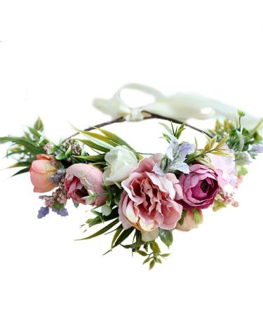 Gumolutin Women Flower Headband Wreath Crown Handmade Adjustable Halo Floral Wedding Garland Headband Photo Props