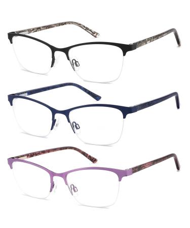 3 Pack Reading Glasses for Women Metal Half Frame Blue Light Blocking Computer Readers Filter UV Ray/Glare/Blue ray Women s Eyeglasses with Pouches (150 Magnification Strength) Black Blue Purple 1.5x