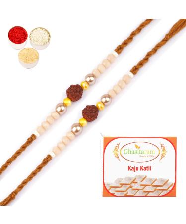 Ghasitaram Gifts Rakhi for Brother Rakhis Online - Set of 2-1908- Rudraksh Rakhi with 200 GMS of Kaju katli