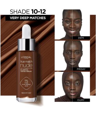 L'Oreal Paris True Match Nude Plumping Tinted Serum 1% Hyaluronic Acid Instantly Evens Brightens and Hydrates Skin Shade 10-12 Very Deep - Buy Online on GoSupps.com