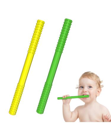 Baby bite tube hollow bite tube baby chewing toys silicone baby biting toys chew straw toys for baby toddlers sensory exploration and tooth relief 2 pieces (yellow + green)