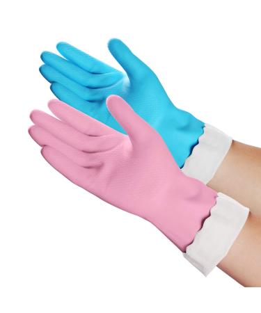 Household Cleaning Gloves - 2 Pairs Reusable Kitchen Dishwashing Gloves with Latex Free, Cotton lining, Waterproof, Non-Slip (Medium) Medium (Pack of 2) Blue+pink