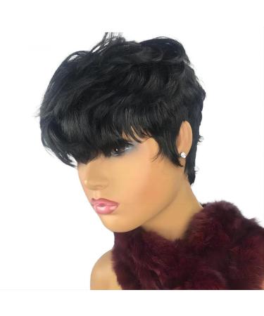 Sumcas Pixie Cut Wig Human Hair Short Bob Wigs for Black Women Human Hair Glueless Wig None Lace Front Wig with Bangs Layered Full Machine Made Wig 1B Color (1B 8 Inch 130% Density) 1B-2