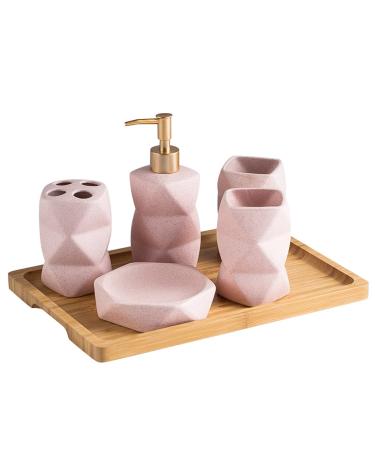 Soap Dispenser Lotion Dispensers Simple Ceramic Wash Bathroom 6 Piece Set Diamond Lotion Bottle Wash Set Liquid Soap Bathroom Countertop Gift Set (Color : White) (Pink)