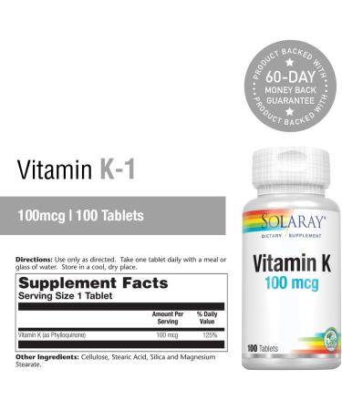 SOLARAY Vitamin K-1 100mcg - Bone Health & Blood Clot Support | Non-GMO, Vegan & Lab Verified | 100 Tablets - Buy Online on GoSupps.com