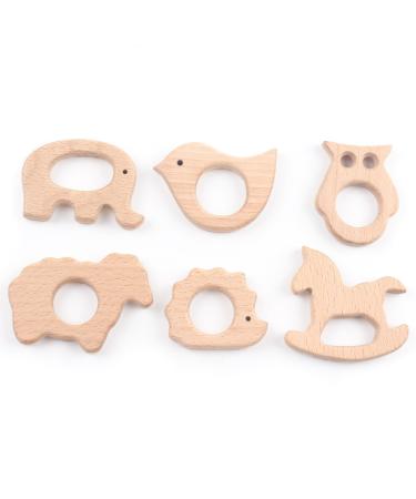 Baby Teether Wooden Teething Toys Beech Wood DIY Bracelet Clip Necklace Accessory Forest Animals Bird Hedgehog Owl Horse Sheep Elephant 6 Pack B-AWBT09