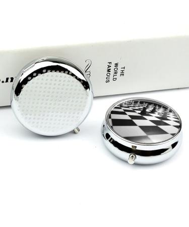 Round Black & White Chess Checkerboard Pill Box - 3 Compartment Portable Organizer | Decorative Metal Medicine Case - Buy Online on GoSupps.com
