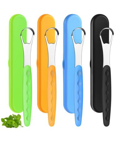 4 Pcs Tongue Scraper Cleaner Adults and Kids Stainless Steel Tongue Brush Metal Tongue Scraper Reduce Bad Breath with Travel Cases for Men Women Oral Mouth Orange Black Green and Blue