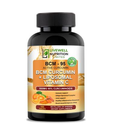 BCM - 95 Active Curcumin + Liposomal Vitamin C with Bioflavonoids Zinc and BioPerine Advanced Formula 180 Tablets 1000mg (Raw Curcumin Extract with Turmeric rhizome suitable for vegans