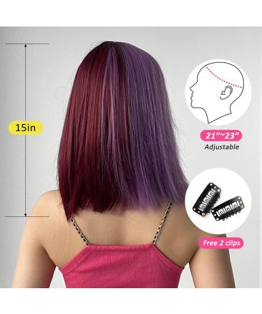 OUFEI half-purple half-wine red Bob Wig With Bangs Short Straight Wig For Women Synthetic Hair Wigs for Daily Party Cosplay Wear - Buy Online on GoSupps.com