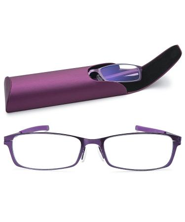 Lanomi narrow reading glasses Blue light filter women men ultra -light metal full frame reading aid seeing a rectangular uv400 protection computer glasses with case lila 1.0 dioptria