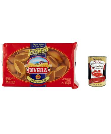Italian Gourmet E.R. Divella Pasta Pack of 4 100% Italian Conchiglioni Pasta 87/b 500g pasta + 400g Italian Gourmet Polpa