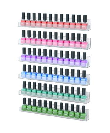 NIUBEE 6 Pack Nail Polish Rack Wall Mounted Shelf with Removable Anti-slip End Inserts, Clear Acrylic Nail Polish Organizer Display 90 Bottles 15 Inch (Pack of 6)